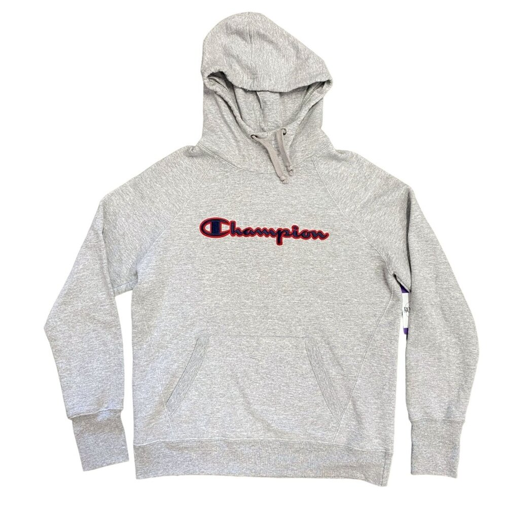 Champions S Grey Pullover Hoodie Kangaroo Pocket Athletic Sweatshirt Spellout